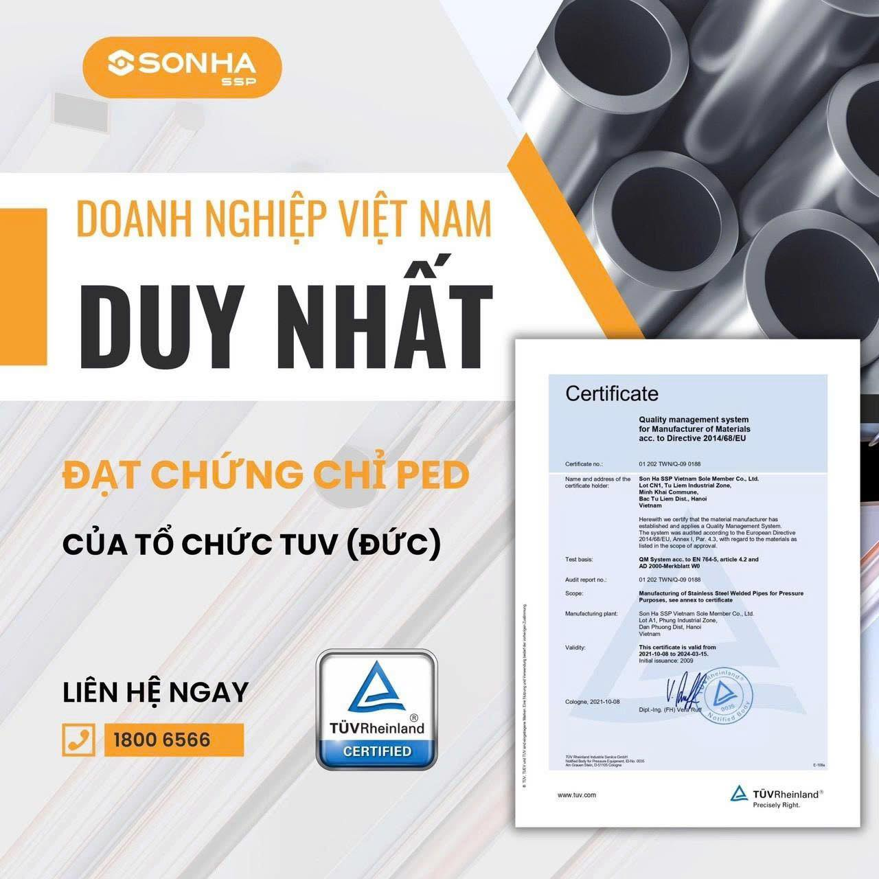 Ống inox Sơn Hà SSP là doanh nghiệp Việt Nam đầu tiên được đạt chứng chỉ PED